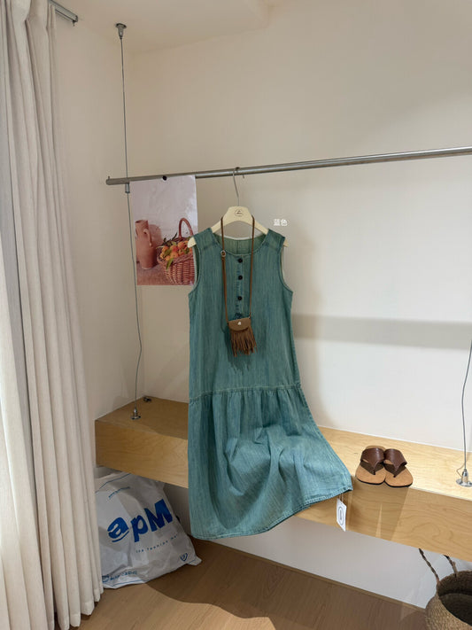 Women's Light Blue Denim Sleeveless Midi Dress Drop Waist Button Front with Free Fringe Crossbody Bag - Seldom Seen Styles