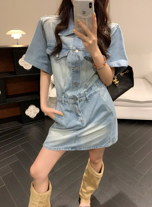 Women's Light Blue Washed Denim Short Sleeve Lapel Collar Silver Button Mini Dress Waist Cinching Dual Chest Pockets Side Pockets S M - Seldom Seen Styles
