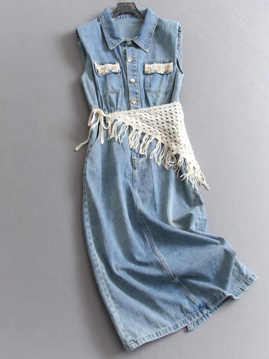Women's Light Blue Washed Denim Sleeveless Lapel Collar Pearl Button Maxi Dress Lace Floral Chest Pockets Elastic Waist with Free Woven Tassel Waist Accessory S M L XL - Seldom Seen Styles