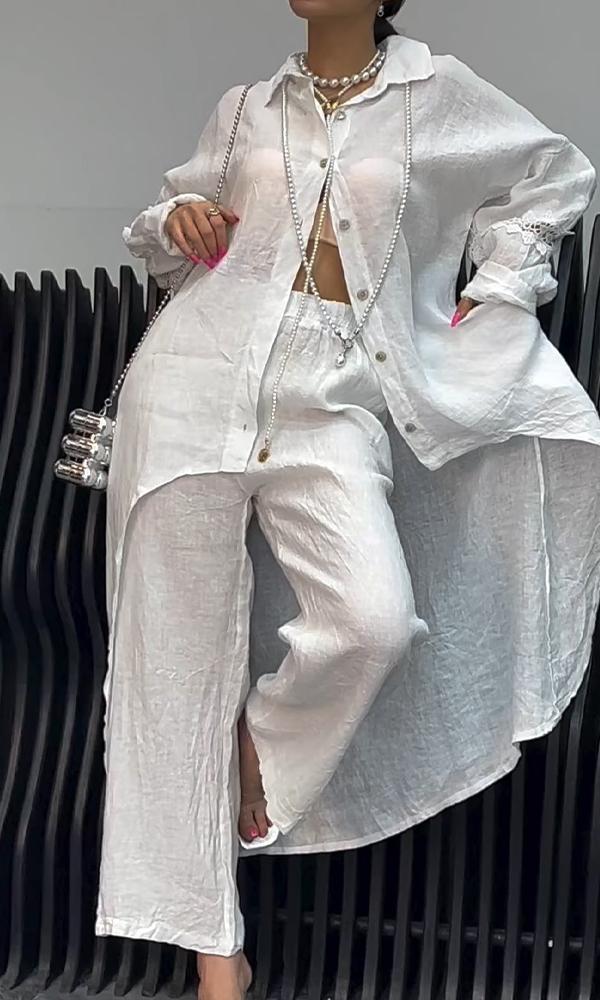 Women's Linen Back Cut-Out Shirt And Trousers Two-Piece Set - Seldom Seen Styles