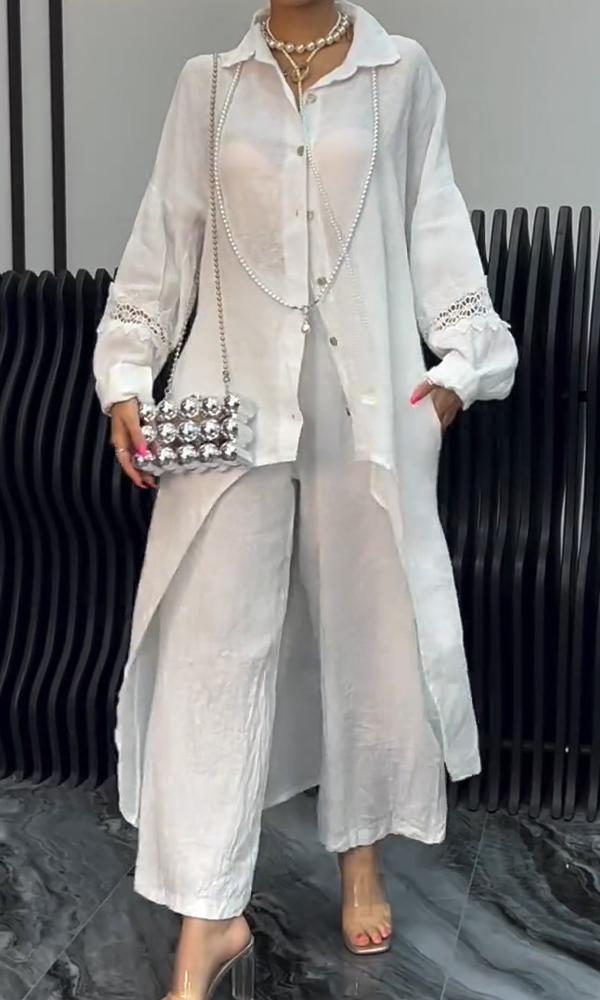Women's Linen Back Cut-Out Shirt And Trousers Two-Piece Set - Seldom Seen Styles