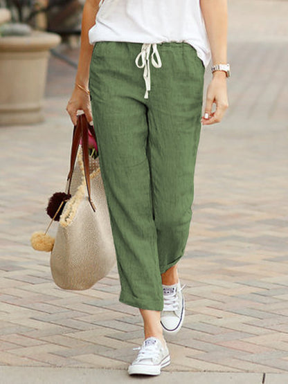 Pantalon large coupe décontractée en lin mélangé avec cordon de serrage pour femme