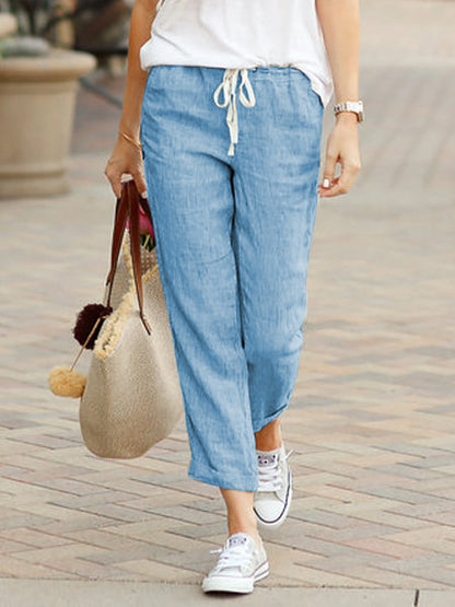 Pantalon large coupe décontractée en lin mélangé avec cordon de serrage pour femme