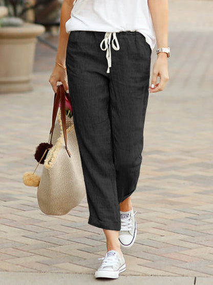 Pantalon large coupe décontractée en lin mélangé avec cordon de serrage pour femme