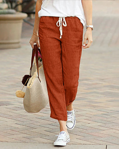 Pantalon large coupe décontractée en lin mélangé avec cordon de serrage pour femme