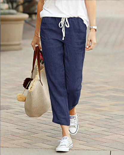 Pantalon large coupe décontractée en lin mélangé avec cordon de serrage pour femme