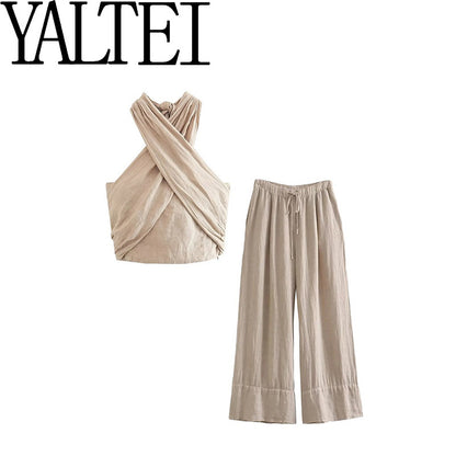 Women's Linen Blend Halter Crop Top and Wide Leg Pants Set Elegant Summer Two Piece Outfit