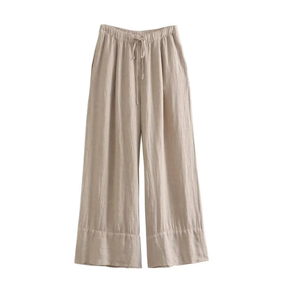 Women's Linen Blend Halter Crop Top and Wide Leg Pants Set Elegant Summer Two Piece Outfit