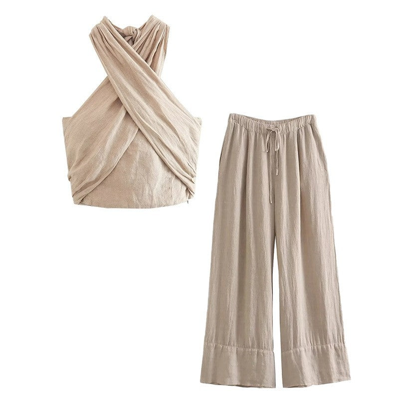 Women's Linen Blend Halter Crop Top and Wide Leg Pants Set Elegant Summer Two Piece Outfit - Seldom Seen Styles