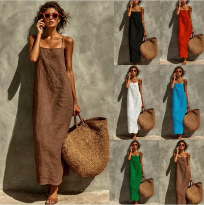 Women's Linen Blend Maxi Dress Sleeveless Spaghetti Strap Summer Beach Dress Casual Vacation Resort Wear Dress