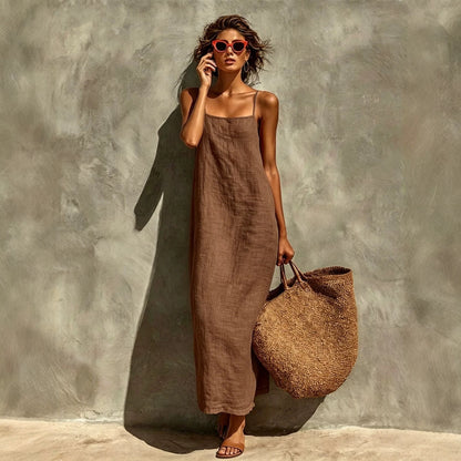 Women's Linen Blend Maxi Dress Sleeveless Spaghetti Strap Summer Beach Dress Casual Vacation Resort Wear Dress