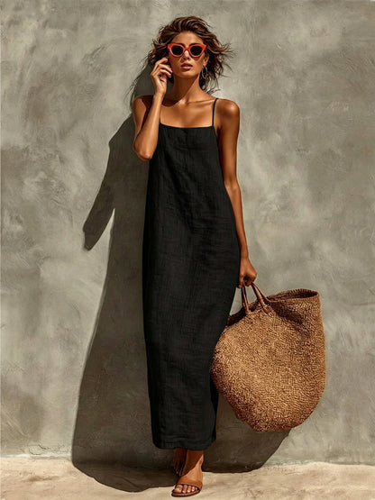 Women's Linen Blend Maxi Dress Sleeveless Spaghetti Strap Summer Beach Dress Casual Vacation Resort Wear Dress
