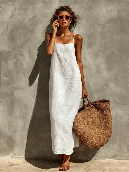 Women's Linen Blend Maxi Dress Sleeveless Spaghetti Strap Summer Beach Dress Casual Vacation Resort Wear Dress