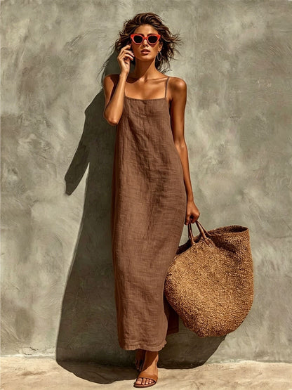 Women's Linen Blend Maxi Dress Sleeveless Spaghetti Strap Summer Beach Dress Casual Vacation Resort Wear Dress