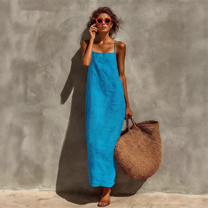 Women's Linen Blend Maxi Dress Sleeveless Spaghetti Strap Summer Beach Dress Casual Vacation Resort Wear Dress
