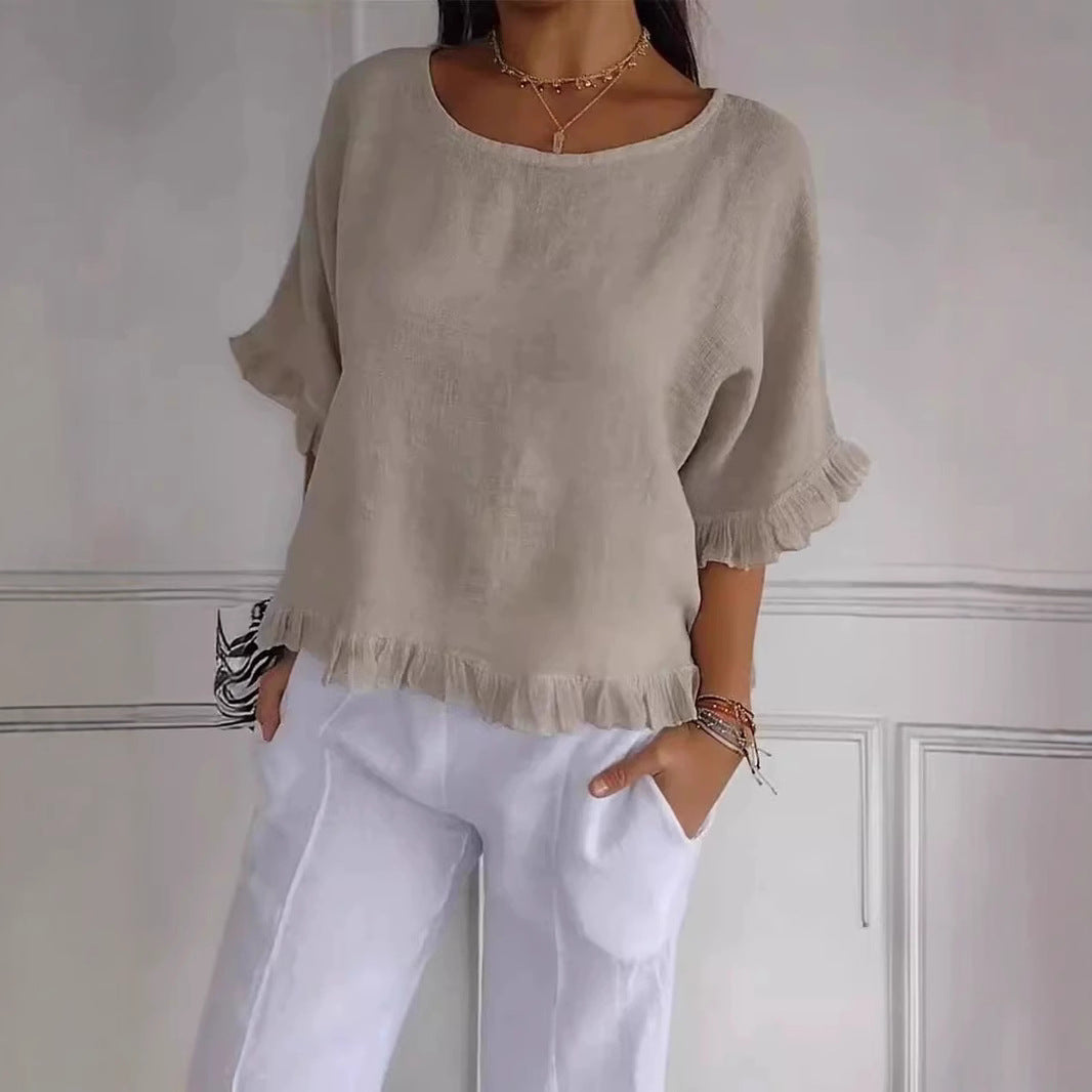 Women's Linen Blend Ruffle Hem Blouse Casual Loose Fit Short Sleeve Top Lightweight Summer Shirt - Seldom Seen Styles
