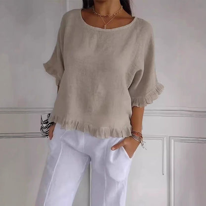 Women's Linen Blend Ruffle Hem Blouse Casual Loose Fit Short Sleeve Top Lightweight Summer Shirt