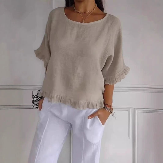 Women's Linen Blend Ruffle Hem Blouse Casual Loose Fit Short Sleeve Top Lightweight Summer Shirt - Seldom Seen Styles