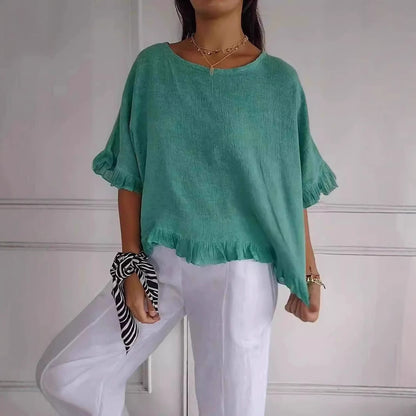 Women's Linen Blend Ruffle Hem Blouse Casual Loose Fit Short Sleeve Top Lightweight Summer Shirt