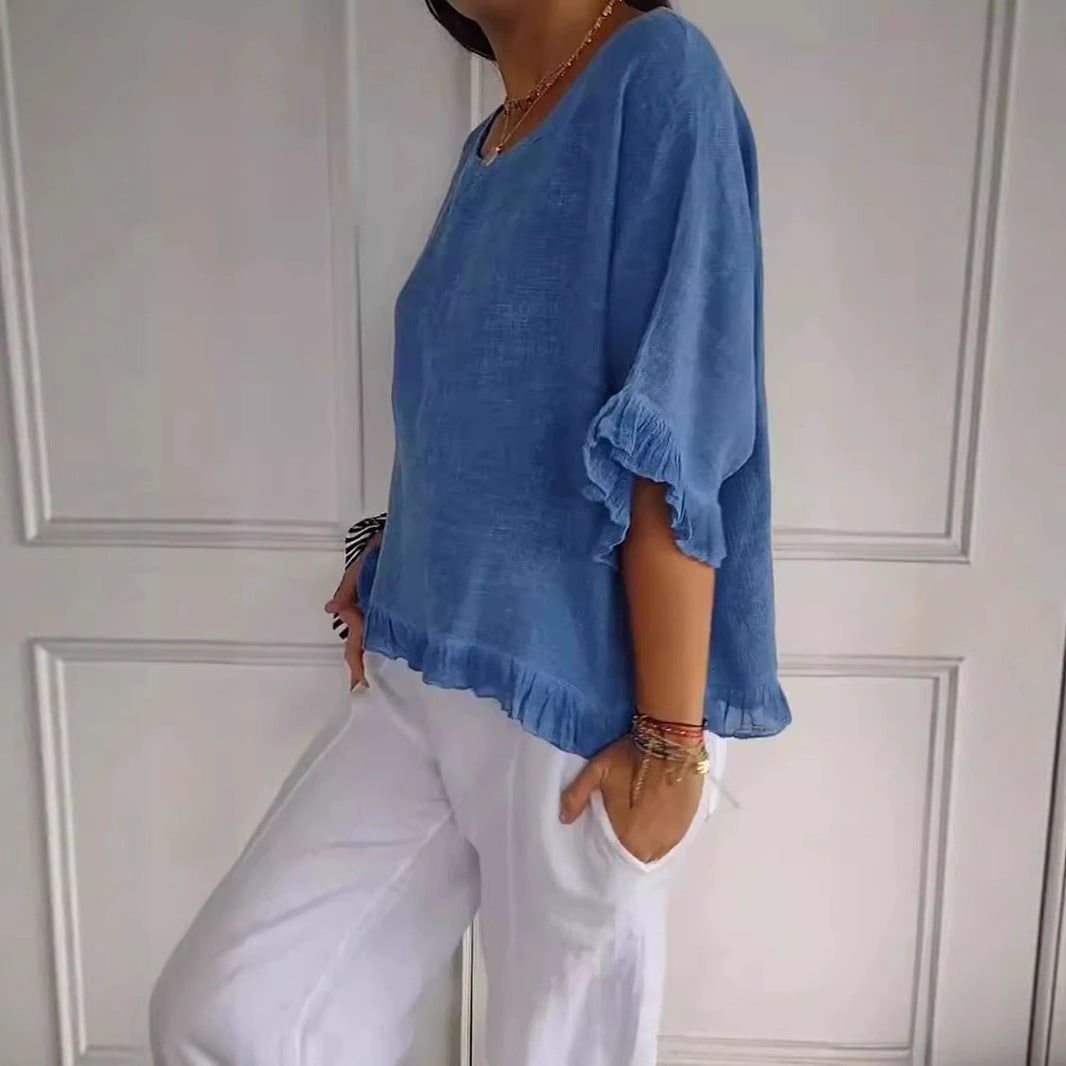 Women's Linen Blend Ruffle Hem Blouse Casual Loose Fit Short Sleeve Top Lightweight Summer Shirt - Seldom Seen Styles