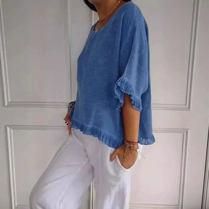 Women's Linen Blend Ruffle Hem Blouse Casual Loose Fit Short Sleeve Top Lightweight Summer Shirt