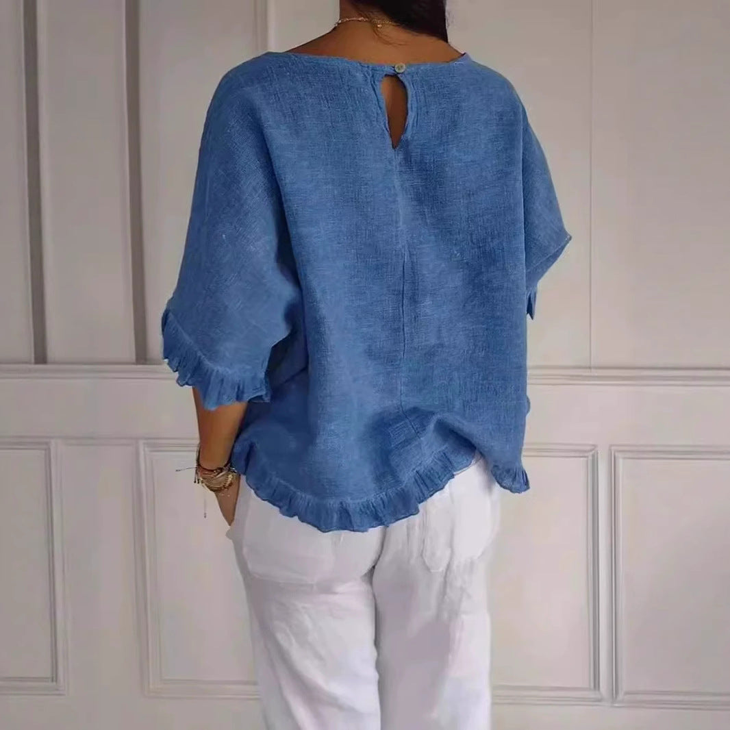 Women's Linen Blend Ruffle Hem Blouse Casual Loose Fit Short Sleeve Top Lightweight Summer Shirt - Seldom Seen Styles
