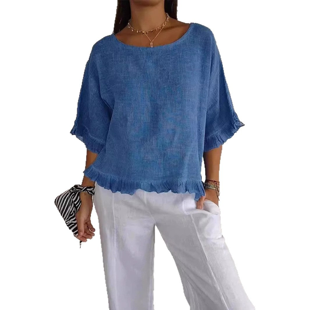 Women's Linen Blend Ruffle Hem Blouse Casual Loose Fit Short Sleeve Top Lightweight Summer Shirt - Seldom Seen Styles
