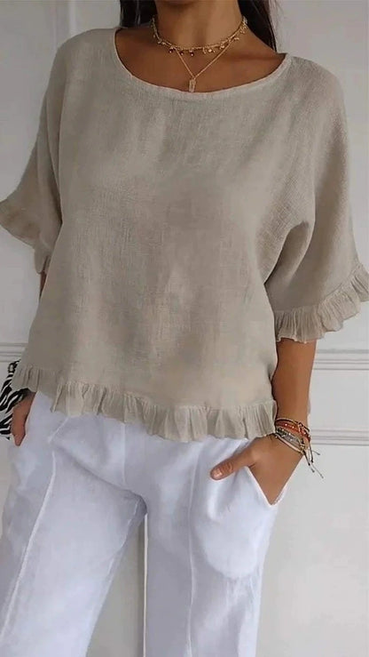 Women's Linen Blend Ruffle Hem Blouse Casual Loose Fit Short Sleeve Top Lightweight Summer Shirt