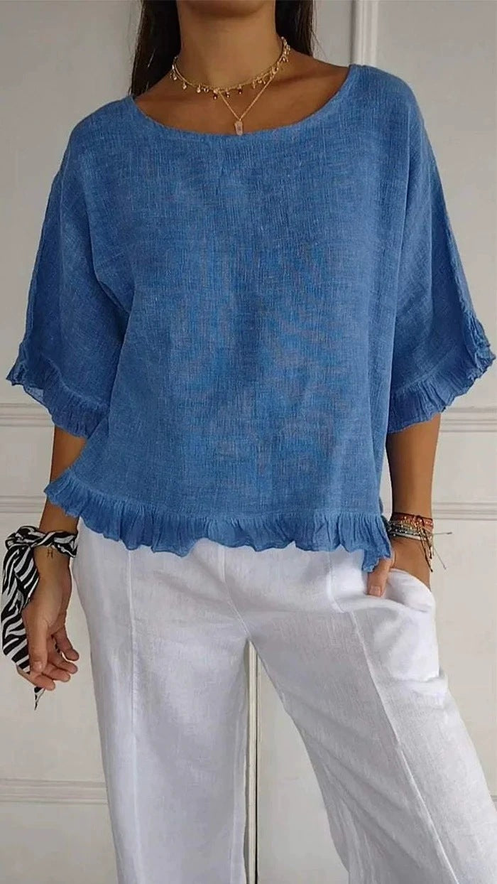 Women's Linen Blend Ruffle Hem Blouse Casual Loose Fit Short Sleeve Top Lightweight Summer Shirt - Seldom Seen Styles