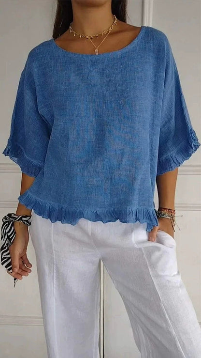 Women's Linen Blend Ruffle Hem Blouse Casual Loose Fit Short Sleeve Top Lightweight Summer Shirt