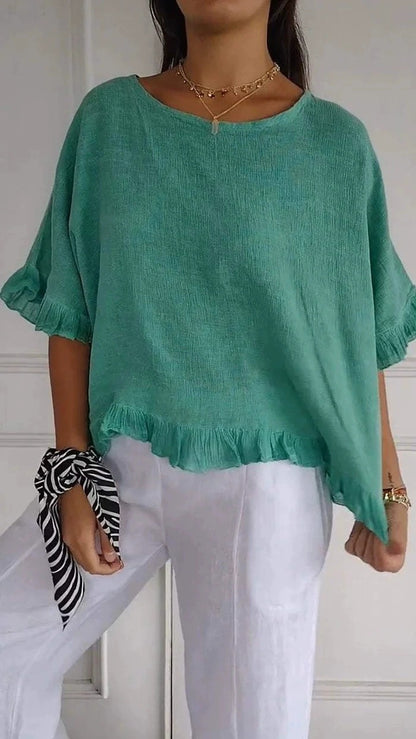 Women's Linen Blend Ruffle Hem Blouse Casual Loose Fit Short Sleeve Top Lightweight Summer Shirt