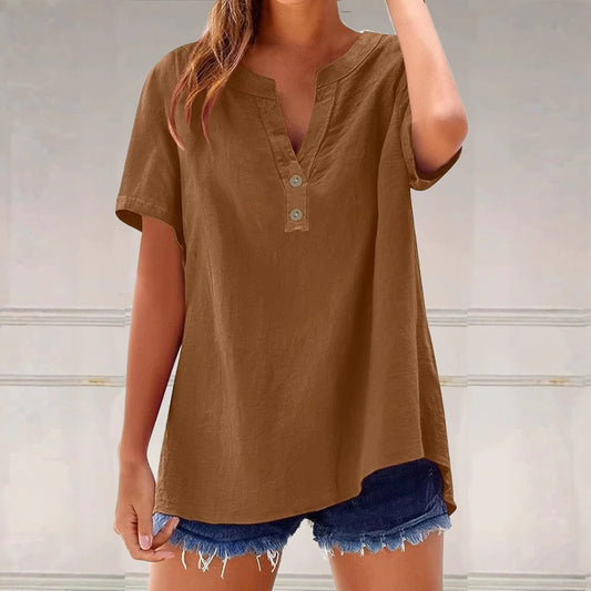 Women's Linen Blend Tunic Top V Neck Short Sleeve Casual Loose Fit Summer Blouse Button Front Shirt - Seldom Seen Styles