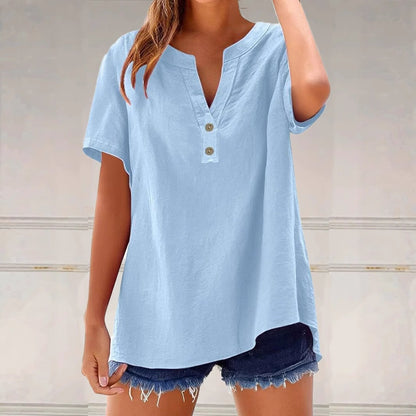 Women's Linen Blend Tunic Top V Neck Short Sleeve Casual Loose Fit Summer Blouse Button Front Shirt