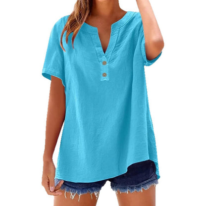 Women's Linen Blend Tunic Top V Neck Short Sleeve Casual Loose Fit Summer Blouse Button Front Shirt