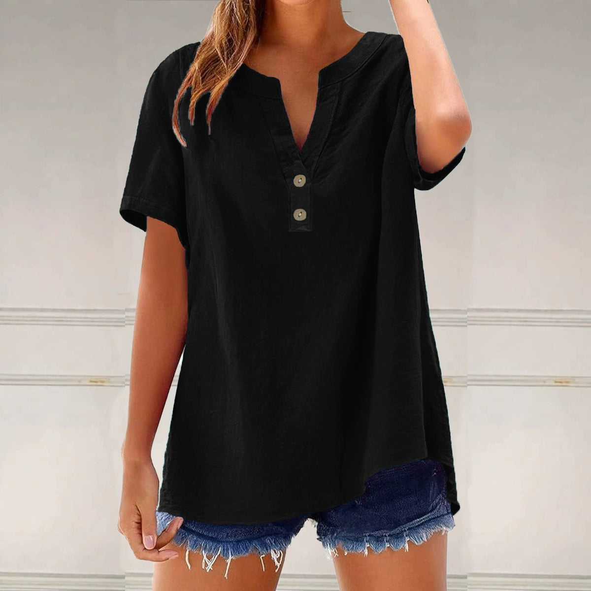 Women's Linen Blend Tunic Top V Neck Short Sleeve Casual Loose Fit Summer Blouse Button Front Shirt - Seldom Seen Styles