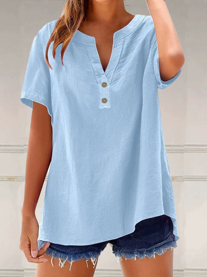 Women's Linen Blend Tunic Top V Neck Short Sleeve Casual Loose Fit Summer Blouse Button Front Shirt