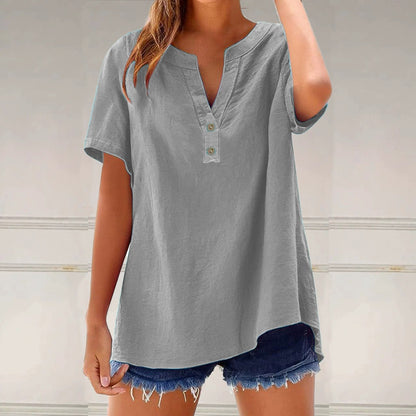 Women's Linen Blend Tunic Top V Neck Short Sleeve Casual Loose Fit Summer Blouse Button Front Shirt