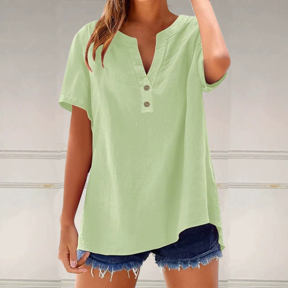 Women's Linen Blend Tunic Top V Neck Short Sleeve Casual Loose Fit Summer Blouse Button Front Shirt - Seldom Seen Styles