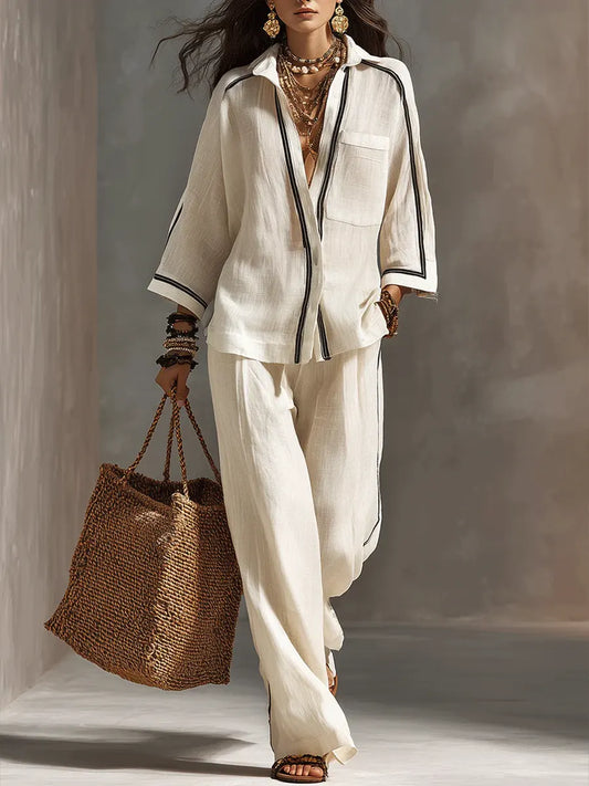 Women's Linen Blend Two Piece Button Down Shirt and Wide Leg Trousers Set - Seldom Seen Styles