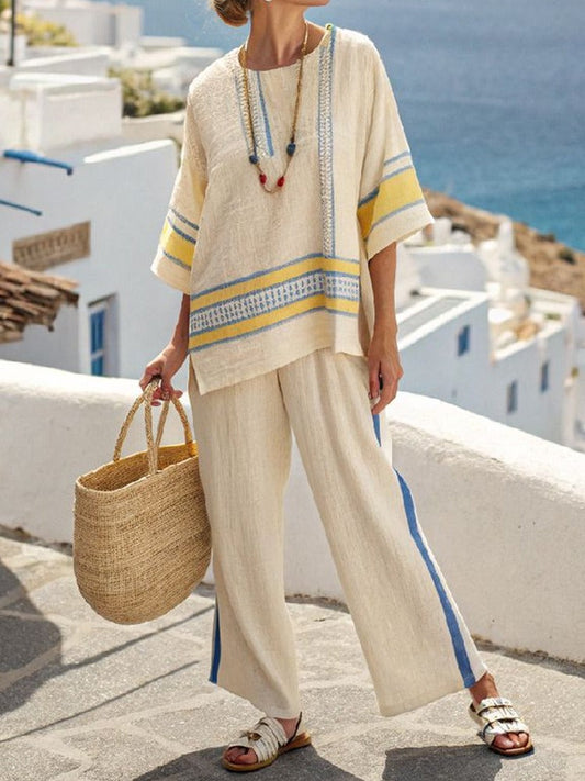 Women's Linen-Blend Two Piece Outfits – Yellow and Blue Stripe Batwing Sleeve Top and Wide Leg Pants Set - Seldom Seen Styles