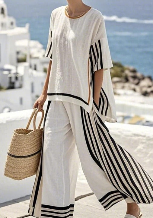 Women's Linen-Blend Two Piece Outfits – Yellow and Blue Stripe Batwing Sleeve Top and Wide Leg Pants Set - Seldom Seen Styles