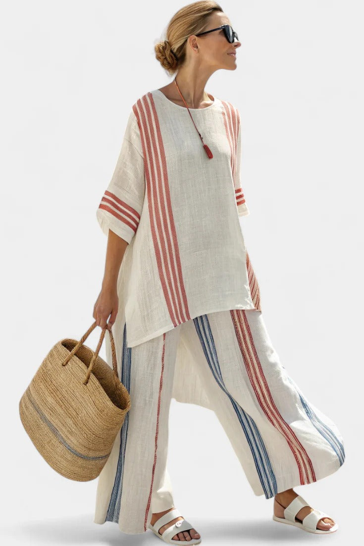 Women's Linen-Blend Two Piece Outfits – Yellow and Blue Stripe Batwing Sleeve Top and Wide Leg Pants Set - Seldom Seen Styles
