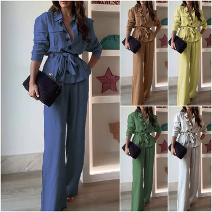 Women's Linen Blend Two Piece Set Belted Button Front Jacket and Wide Leg Pants Elegant Casual Matching Outfit