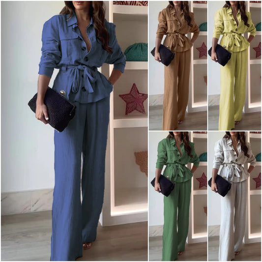Women's Linen Blend Two Piece Set Belted Button Front Jacket and Wide Leg Pants Elegant Casual Matching Outfit - Seldom Seen Styles