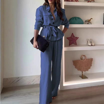 Women's Linen Blend Two Piece Set Belted Button Front Jacket and Wide Leg Pants Elegant Casual Matching Outfit