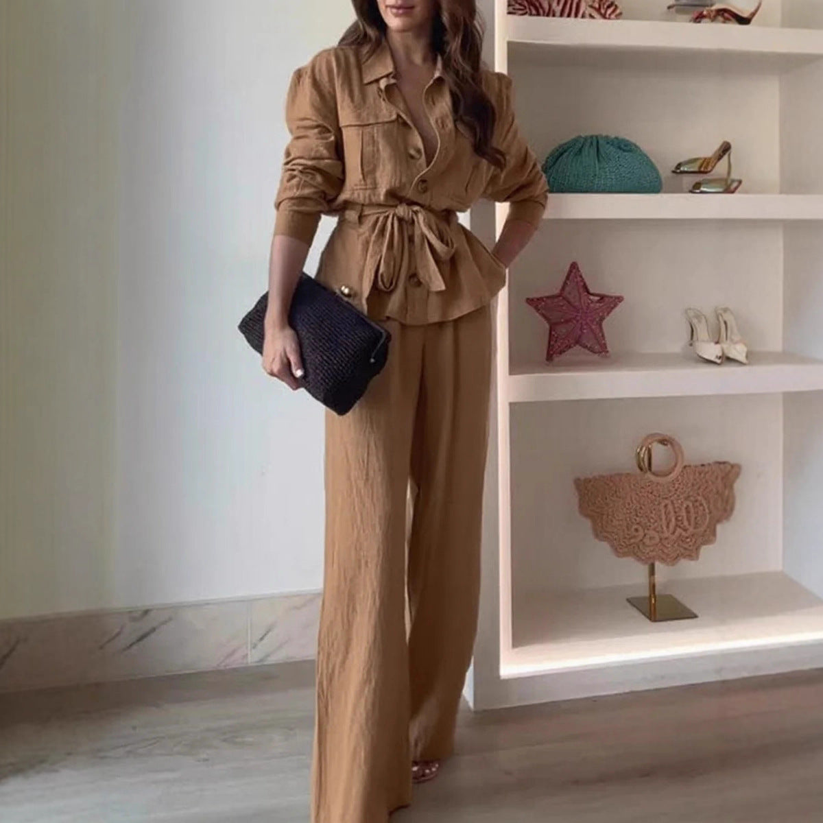Women's Linen Blend Two Piece Set Belted Button Front Jacket and Wide Leg Pants Elegant Casual Matching Outfit - Seldom Seen Styles
