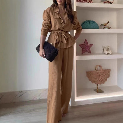 Women's Linen Blend Two Piece Set Belted Button Front Jacket and Wide Leg Pants Elegant Casual Matching Outfit