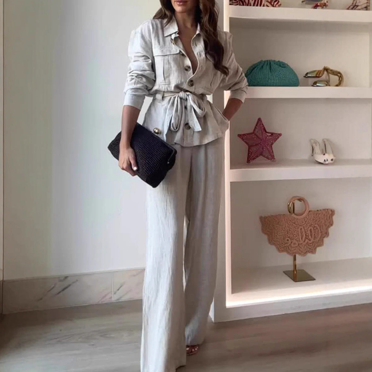 Women's Linen Blend Two Piece Set Belted Button Front Jacket and Wide Leg Pants Elegant Casual Matching Outfit - Seldom Seen Styles