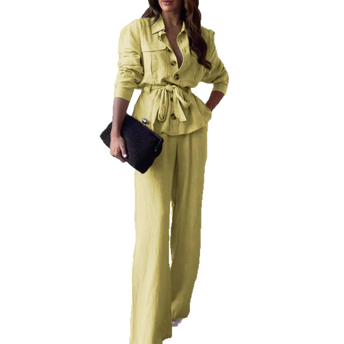 Women's Linen Blend Two Piece Set Belted Button Front Jacket and Wide Leg Pants Elegant Casual Matching Outfit - Seldom Seen Styles