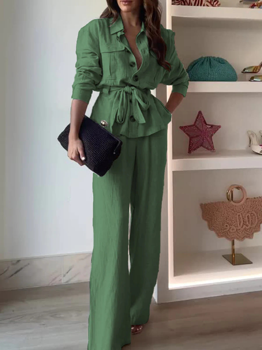 Women's Linen Blend Two Piece Set Belted Button Front Jacket and Wide Leg Pants Elegant Casual Matching Outfit - Seldom Seen Styles